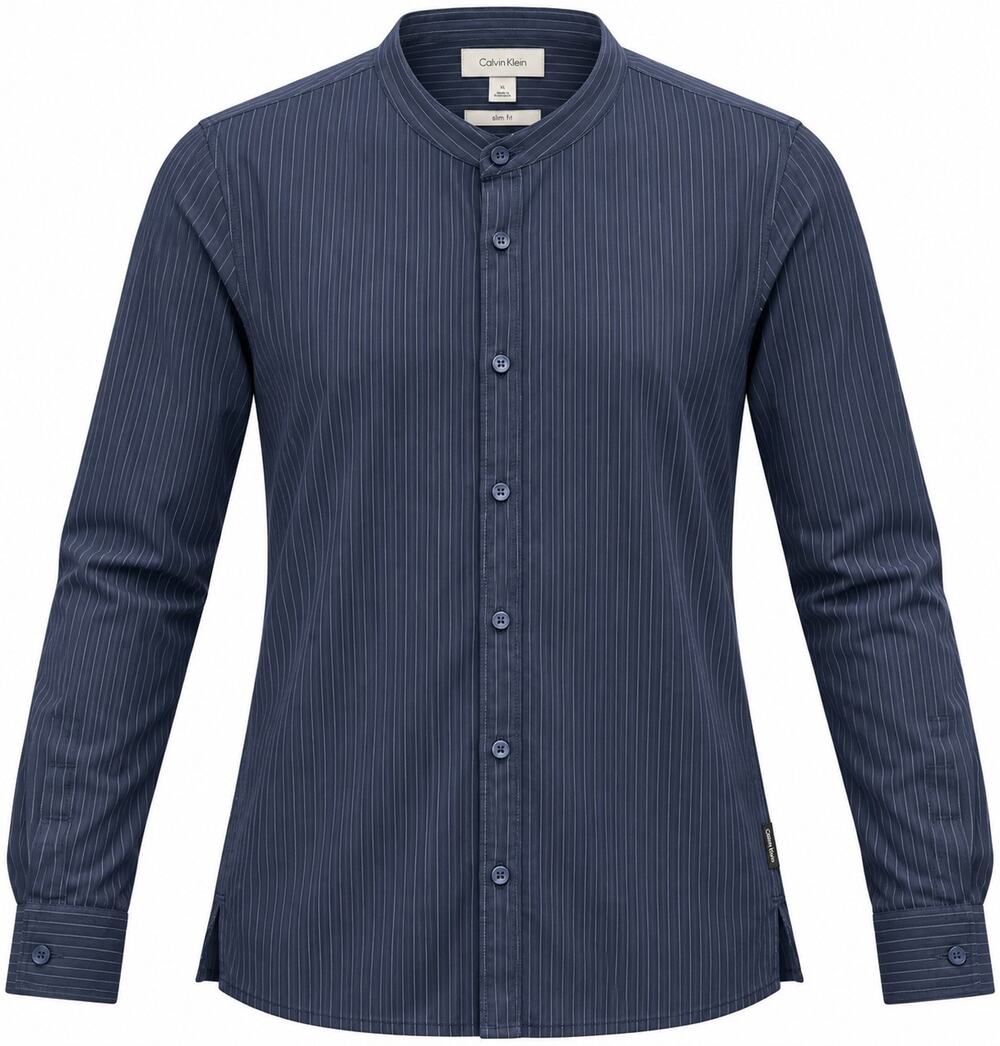 Calvin Klein Men’s XL Slim Fit Pinstripe Shirt Navy Blue Mandarin Collar Cotton